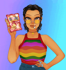 a girl is holding a bag of 90s snack chips