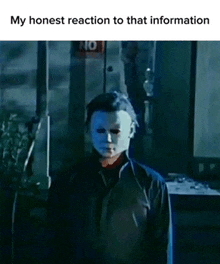 michael myers is wearing a mask and standing in front of a door .