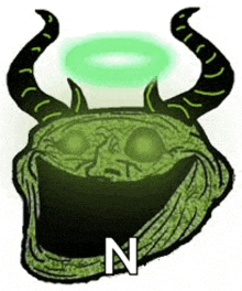 a cartoon of a troll with horns and a green halo around its head .