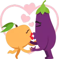 a cartoon illustration of a peach and eggplant kissing in front of a heart