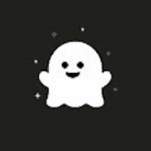 a white ghost with a smile on its face is on a black background surrounded by stars .