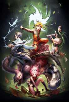 a painting of a group of anime characters including naruto and sakura