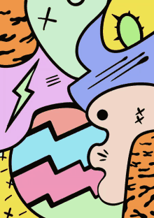 a colorful drawing of a face with a lightning bolt and a cross on it