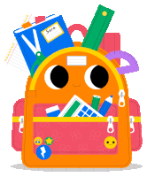 a cartoon illustration of a backpack filled with school supplies and the name sara