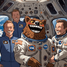 a group of nasa astronauts are posing for a picture with a mascot