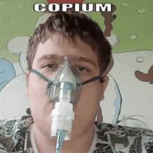 a man wearing an oxygen mask with the word copium on the bottom right