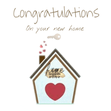 a card that says congratulations on your new home with a house and a key