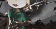 a cartoon character in a green shirt with a helicopter in the background