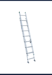 an aluminum ladder with a green handle on a white background