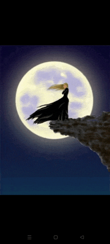 a woman in a black dress is standing on a cliff in front of a full moon ..