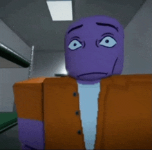 a purple cartoon character wearing an orange shirt and a white shirt is standing in a hallway .