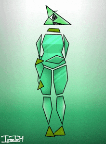 a drawing of a green robot with the letters i and j on the bottom right