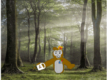 a monkey with a crown on his head is holding a cup in the woods