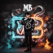 a man stands in front of a neon sign that says mb on it