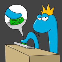 a cartoon of a blue worm with a crown pressing a long button on a box