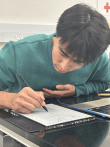 a man in a green sweater is writing on a tablet