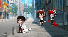 a couple of anime characters standing on a sidewalk with a sign that says downtown street on it