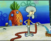 squidward from spongebob squarepants is holding a hose in his hand