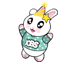 a cartoon bunny wearing a party hat and a shirt that says jobs