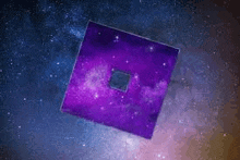 a purple square with a black square in the middle is floating in the middle of a galaxy .