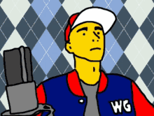 a cartoon drawing of a man wearing a wg jacket