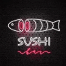 a neon sign for a sushi restaurant with a fish and the word sushi on a black background .