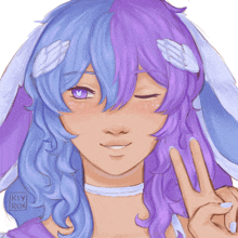 a drawing of a girl with blue and purple hair and the name kiy rox