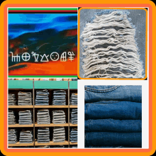 a collage of pictures shows a painting a stack of jeans and a ripped jeans