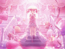 a girl in a white dress stands on a set of stairs surrounded by pink balloons