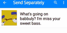 a screenshot of a message that says " what 's going on babbuly i 'm miss your sweet bass "