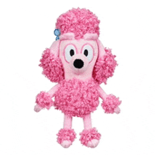 a stuffed pink poodle with a blue bow on its head .