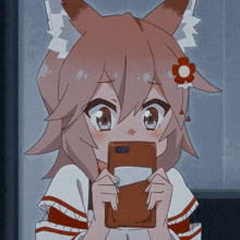 a girl with fox ears is holding a cell phone