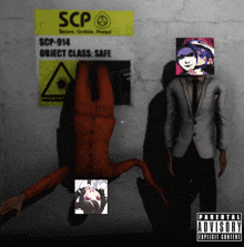 a man in a suit stands in front of a sign that says scp on it