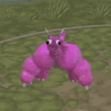 a pink monster is standing on top of a grassy field in a video game .