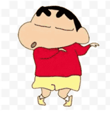 a cartoon character with a red shirt and yellow shorts is standing on a checkered background with his eyes closed .