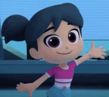 a cartoon girl in a pink shirt and blue shorts is waving