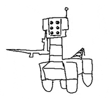 a black and white drawing of a robot with a gun and shield .