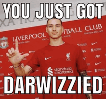 a man in a red shirt with the words you just got darwizzed