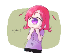 a drawing of a girl with red hair and a purple shirt that says mjd