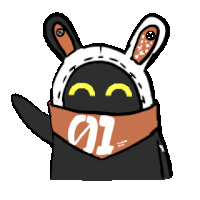 a cartoon drawing of a black rabbit wearing a scarf with the number 01 on it