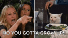 two women are pointing at a cat with the words " no you gotta grow up " on the bottom