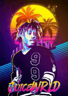 a poster of juice wrld with a palm tree in the background and a city in the background .