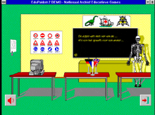 a computer screen shows a classroom with a skeleton standing in front of a blackboard that says edupakket 2 demo