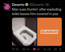 a tweet from dexerto shows a picture of a toilet next to a dunkin ' logo