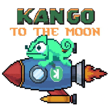 a chameleon is sitting on top of a rocket with the words kango to the moon written above it