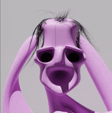 a close up of a purple cartoon character 's head with black hair