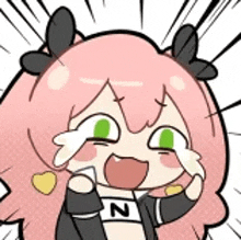 a cartoon girl with pink hair and green eyes is crying while wearing a black jacket .