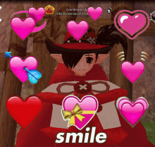 a video game character is surrounded by pink hearts and the words smile