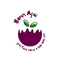 a logo for bonn acai shows a purple bowl with green leaves on it