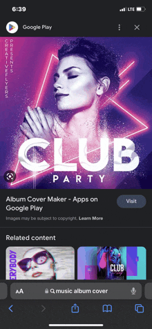 a screenshot of the google play app showing a club party album cover maker